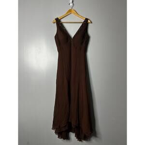 VTG‎ Forest Fairy Babydoll Maxi Dress Womens SZ 8 Brown Chiffon Asymmetrical Hem